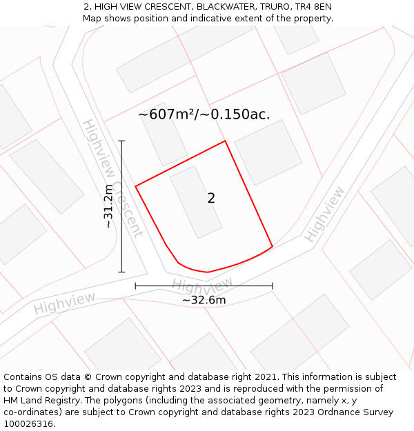 2, HIGH VIEW CRESCENT, BLACKWATER, TRURO, TR4 8EN: Plot and title map