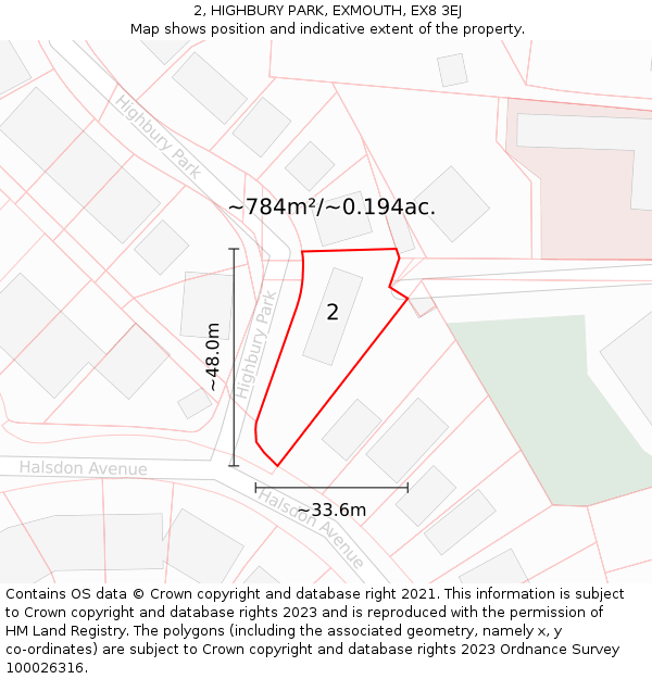 2, HIGHBURY PARK, EXMOUTH, EX8 3EJ: Plot and title map