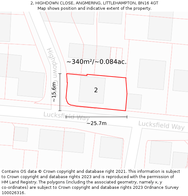 2, HIGHDOWN CLOSE, ANGMERING, LITTLEHAMPTON, BN16 4GT: Plot and title map
