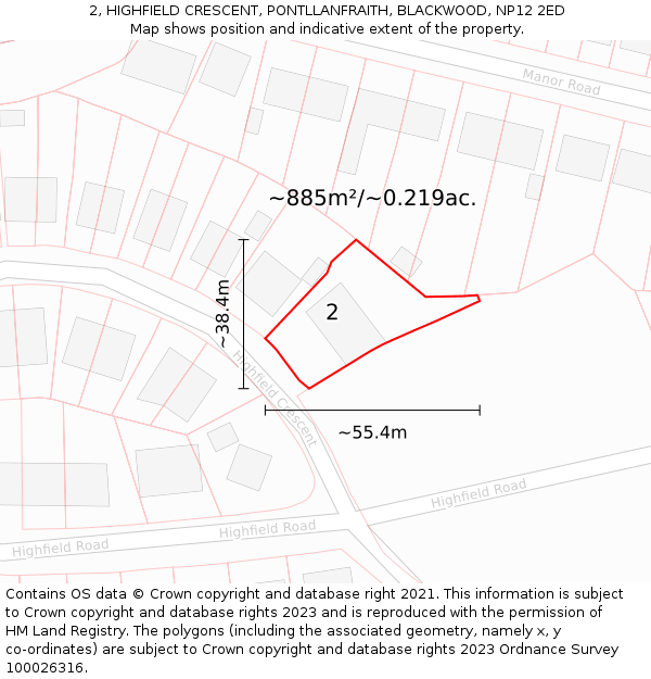 2, HIGHFIELD CRESCENT, PONTLLANFRAITH, BLACKWOOD, NP12 2ED: Plot and title map
