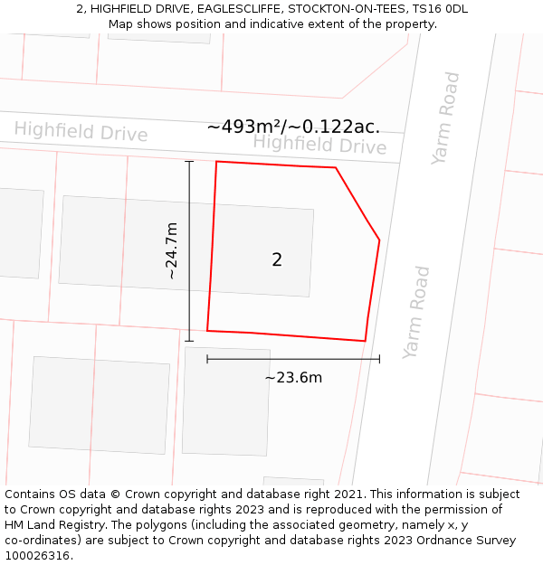 2, HIGHFIELD DRIVE, EAGLESCLIFFE, STOCKTON-ON-TEES, TS16 0DL: Plot and title map