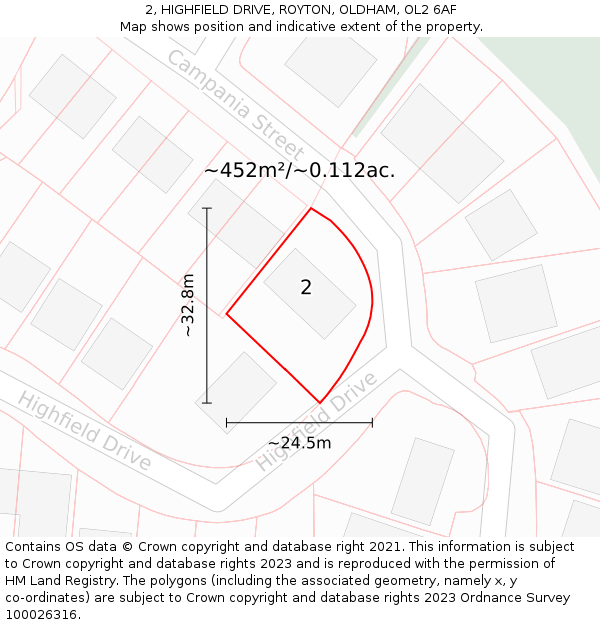 2, HIGHFIELD DRIVE, ROYTON, OLDHAM, OL2 6AF: Plot and title map