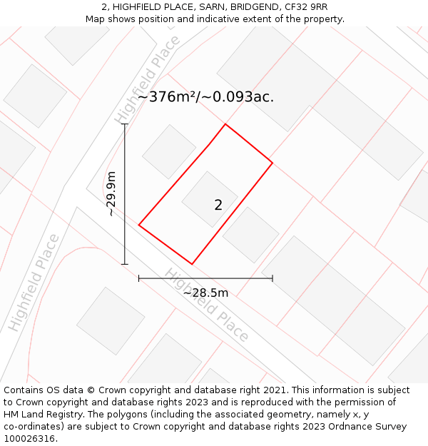2, HIGHFIELD PLACE, SARN, BRIDGEND, CF32 9RR: Plot and title map