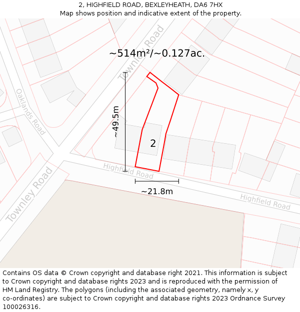 2, HIGHFIELD ROAD, BEXLEYHEATH, DA6 7HX: Plot and title map