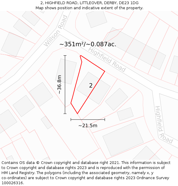 2, HIGHFIELD ROAD, LITTLEOVER, DERBY, DE23 1DG: Plot and title map