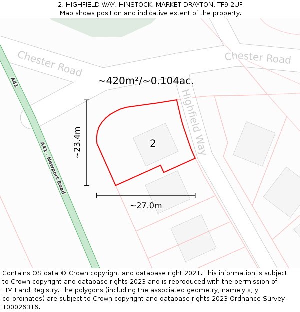 2, HIGHFIELD WAY, HINSTOCK, MARKET DRAYTON, TF9 2UF: Plot and title map