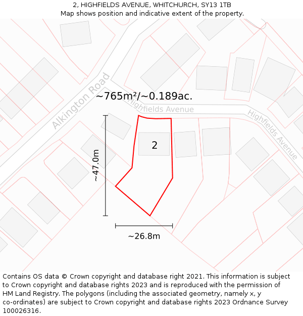 2, HIGHFIELDS AVENUE, WHITCHURCH, SY13 1TB: Plot and title map