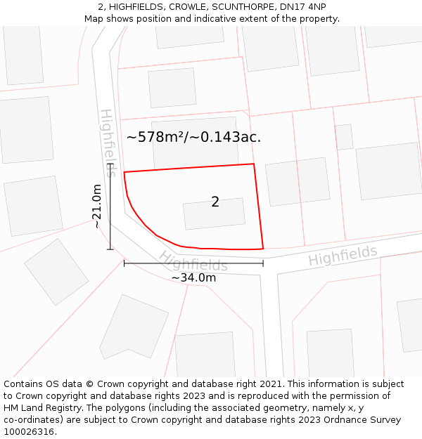 2, HIGHFIELDS, CROWLE, SCUNTHORPE, DN17 4NP: Plot and title map