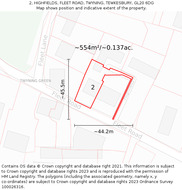 2, HIGHFIELDS, FLEET ROAD, TWYNING, TEWKESBURY, GL20 6DG: Plot and title map