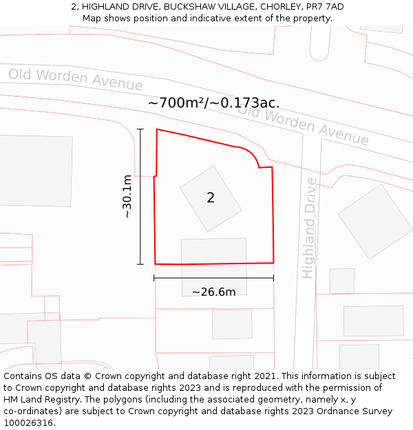 2, HIGHLAND DRIVE, BUCKSHAW VILLAGE, CHORLEY, PR7 7AD: Plot and title map