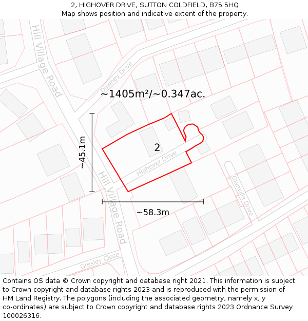 2, HIGHOVER DRIVE, SUTTON COLDFIELD, B75 5HQ: Plot and title map