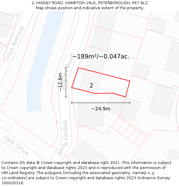 2, HIGNEY ROAD, HAMPTON VALE, PETERBOROUGH, PE7 8LZ: Plot and title map