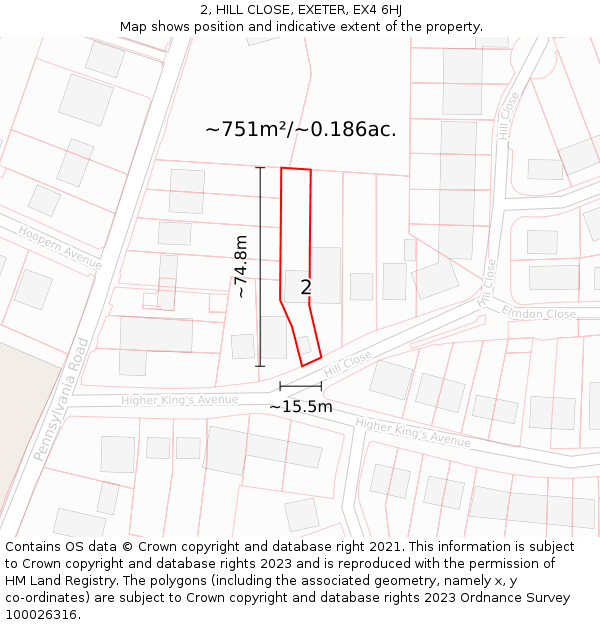 2, HILL CLOSE, EXETER, EX4 6HJ: Plot and title map