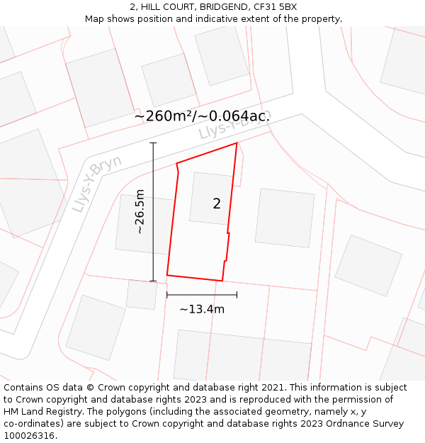 2, HILL COURT, BRIDGEND, CF31 5BX: Plot and title map