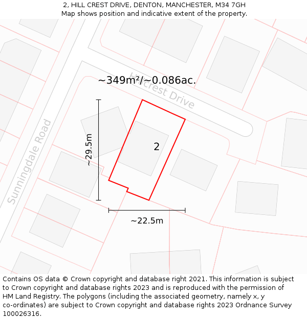 2, HILL CREST DRIVE, DENTON, MANCHESTER, M34 7GH: Plot and title map