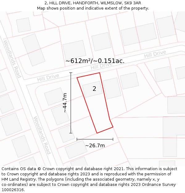 2, HILL DRIVE, HANDFORTH, WILMSLOW, SK9 3AR: Plot and title map