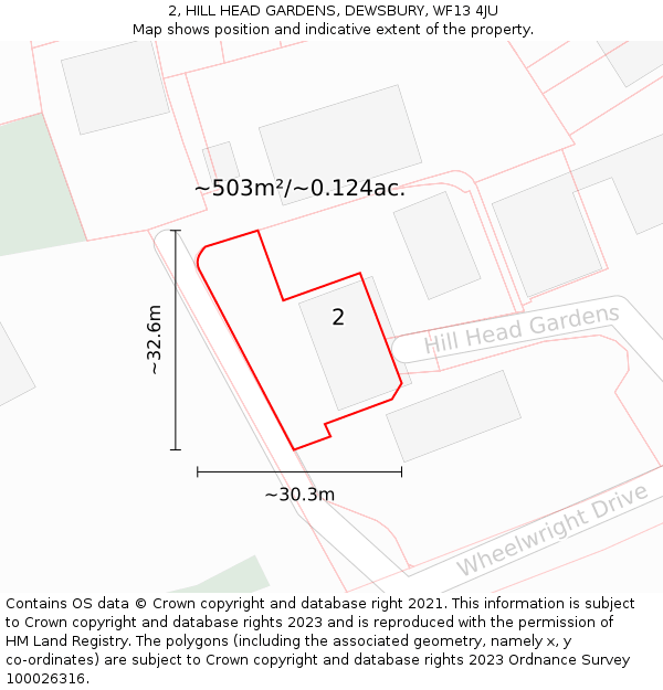 2, HILL HEAD GARDENS, DEWSBURY, WF13 4JU: Plot and title map