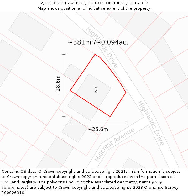 2, HILLCREST AVENUE, BURTON-ON-TRENT, DE15 0TZ: Plot and title map