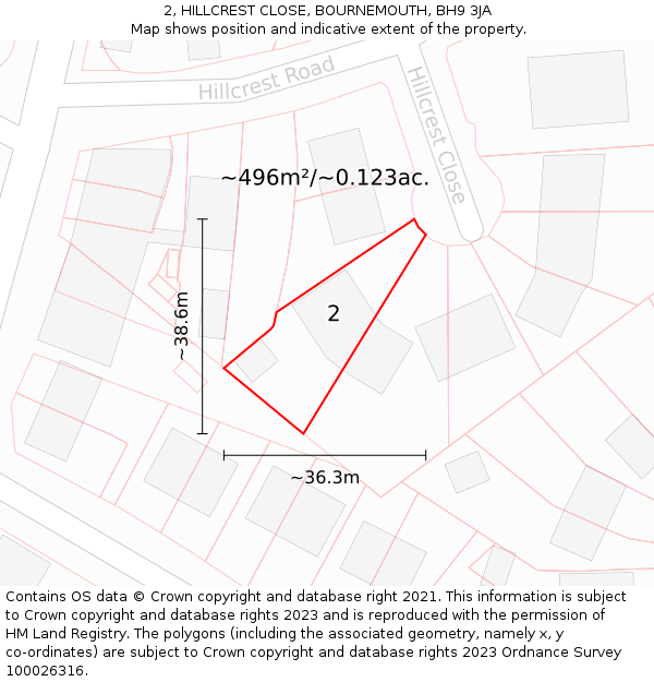 2, HILLCREST CLOSE, BOURNEMOUTH, BH9 3JA: Plot and title map