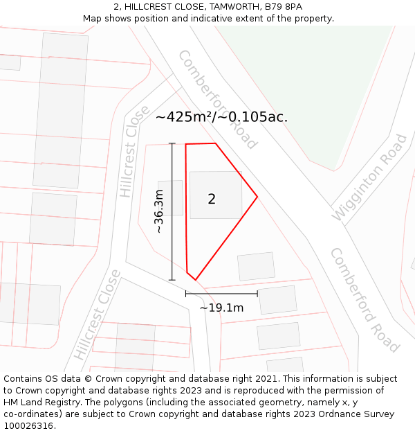 2, HILLCREST CLOSE, TAMWORTH, B79 8PA: Plot and title map