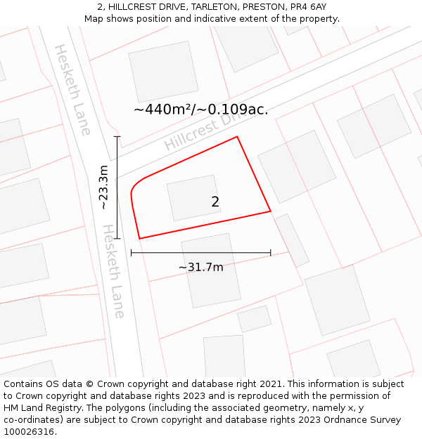 2, HILLCREST DRIVE, TARLETON, PRESTON, PR4 6AY: Plot and title map
