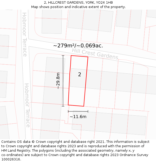2, HILLCREST GARDENS, YORK, YO24 1HB: Plot and title map