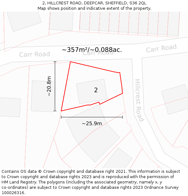 2, HILLCREST ROAD, DEEPCAR, SHEFFIELD, S36 2QL: Plot and title map