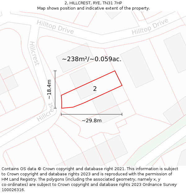 2, HILLCREST, RYE, TN31 7HP: Plot and title map