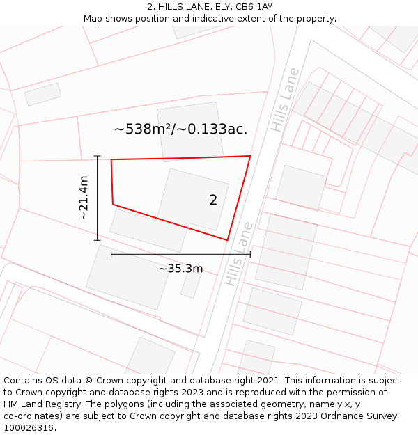 2, HILLS LANE, ELY, CB6 1AY: Plot and title map