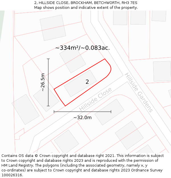2, HILLSIDE CLOSE, BROCKHAM, BETCHWORTH, RH3 7ES: Plot and title map