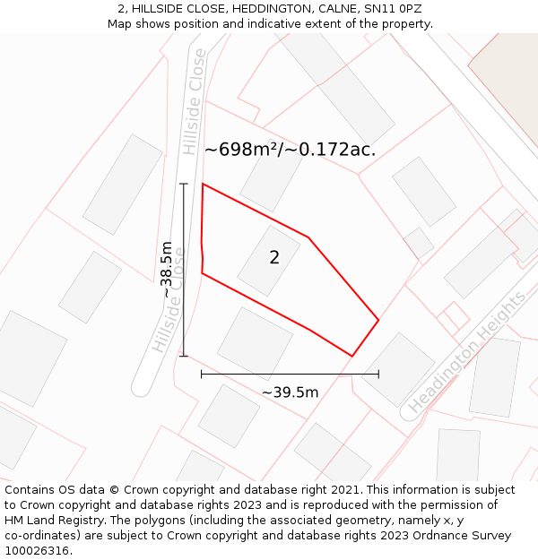 2, HILLSIDE CLOSE, HEDDINGTON, CALNE, SN11 0PZ: Plot and title map