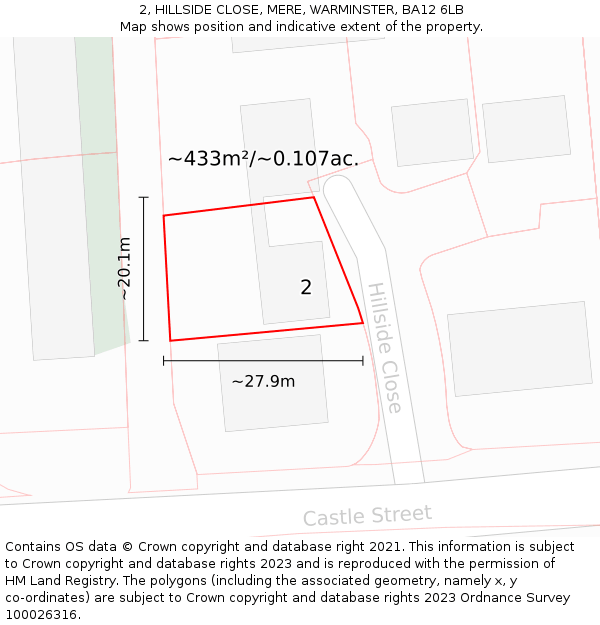 2, HILLSIDE CLOSE, MERE, WARMINSTER, BA12 6LB: Plot and title map
