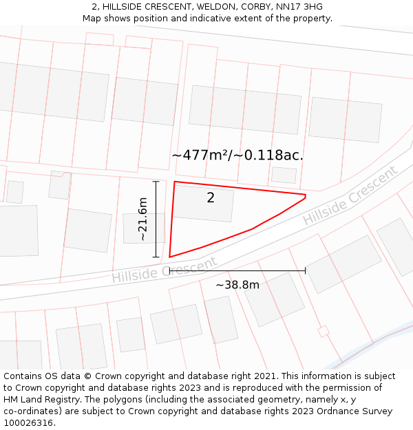 2, HILLSIDE CRESCENT, WELDON, CORBY, NN17 3HG: Plot and title map