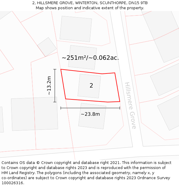 2, HILLSMERE GROVE, WINTERTON, SCUNTHORPE, DN15 9TB: Plot and title map