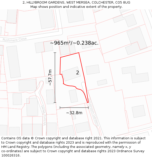 2, HILLYBROOM GARDENS, WEST MERSEA, COLCHESTER, CO5 8UG: Plot and title map