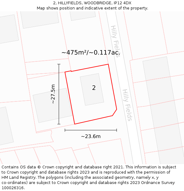2, HILLYFIELDS, WOODBRIDGE, IP12 4DX: Plot and title map