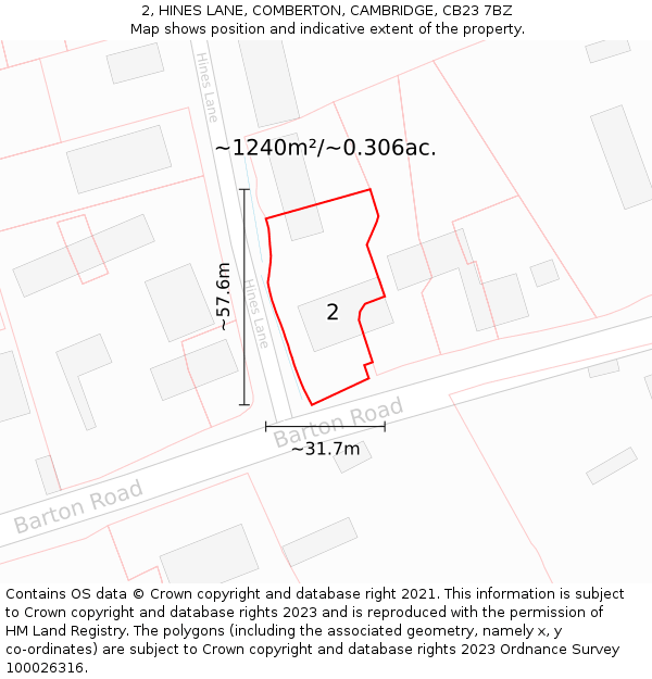 2, HINES LANE, COMBERTON, CAMBRIDGE, CB23 7BZ: Plot and title map