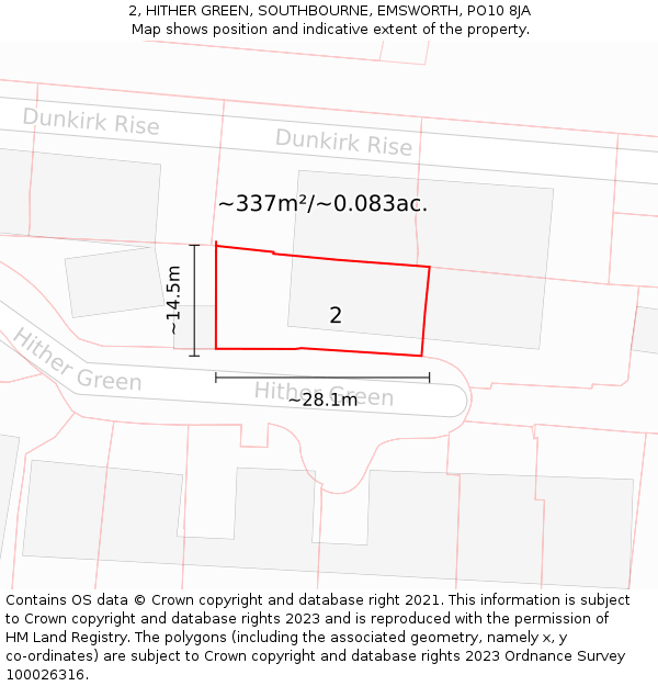 2, HITHER GREEN, SOUTHBOURNE, EMSWORTH, PO10 8JA: Plot and title map
