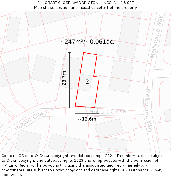 2, HOBART CLOSE, WADDINGTON, LINCOLN, LN5 9FZ: Plot and title map