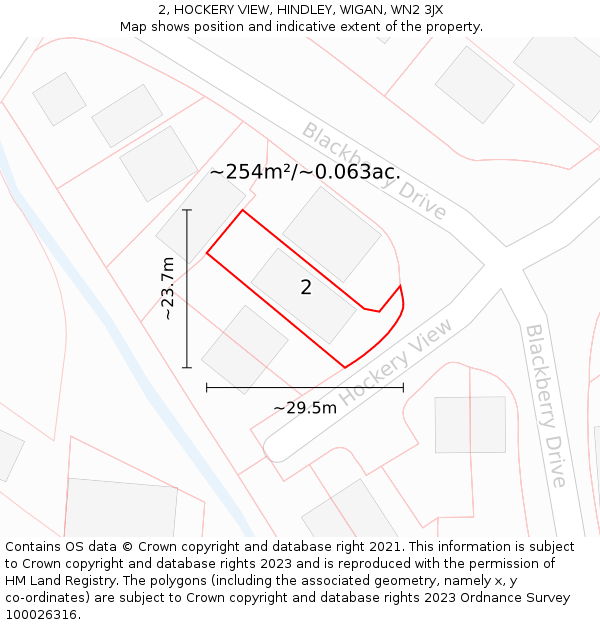 2, HOCKERY VIEW, HINDLEY, WIGAN, WN2 3JX: Plot and title map