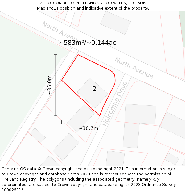 2, HOLCOMBE DRIVE, LLANDRINDOD WELLS, LD1 6DN: Plot and title map