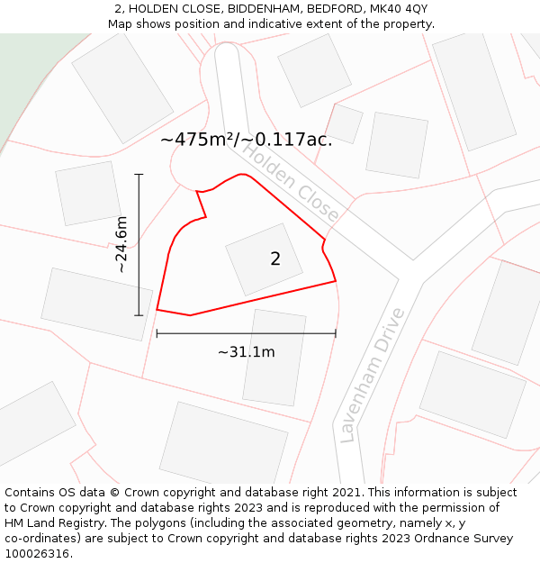 2, HOLDEN CLOSE, BIDDENHAM, BEDFORD, MK40 4QY: Plot and title map