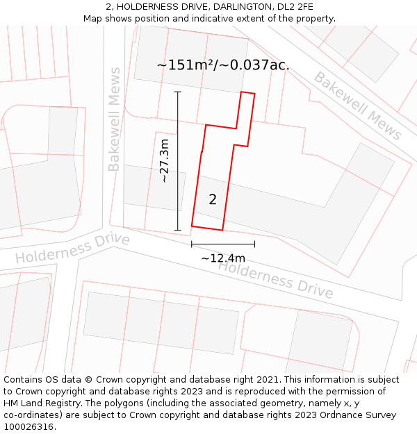 2, HOLDERNESS DRIVE, DARLINGTON, DL2 2FE: Plot and title map