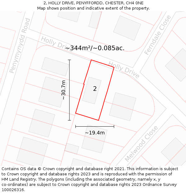 2, HOLLY DRIVE, PENYFFORDD, CHESTER, CH4 0NE: Plot and title map