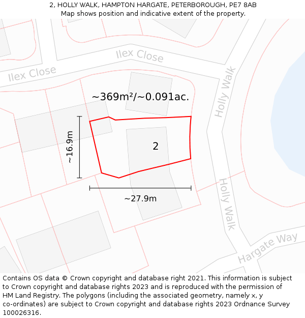 2, HOLLY WALK, HAMPTON HARGATE, PETERBOROUGH, PE7 8AB: Plot and title map