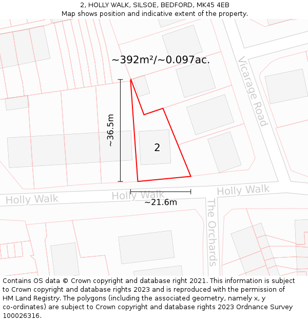 2, HOLLY WALK, SILSOE, BEDFORD, MK45 4EB: Plot and title map