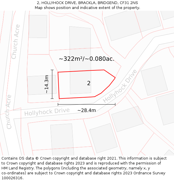 2, HOLLYHOCK DRIVE, BRACKLA, BRIDGEND, CF31 2NS: Plot and title map