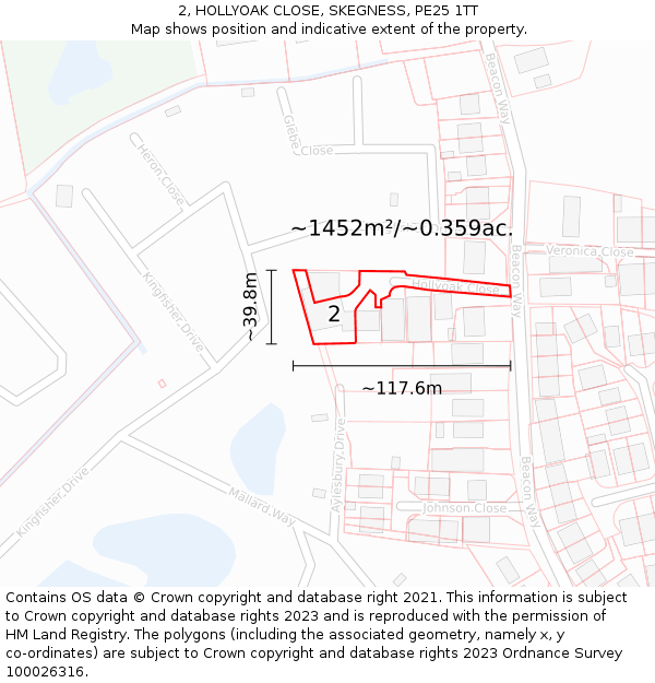 2, HOLLYOAK CLOSE, SKEGNESS, PE25 1TT: Plot and title map