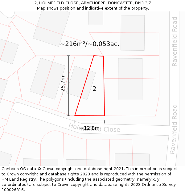 2, HOLMEFIELD CLOSE, ARMTHORPE, DONCASTER, DN3 3JZ: Plot and title map