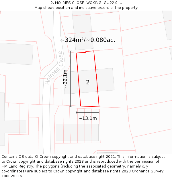 2, HOLMES CLOSE, WOKING, GU22 9LU: Plot and title map
